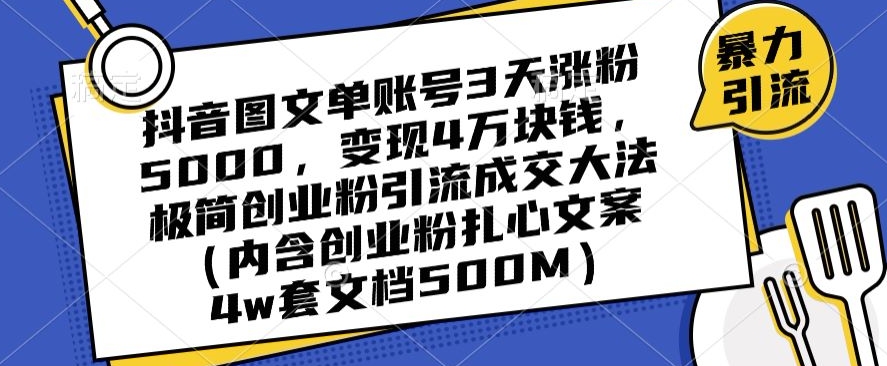 抖音图文单账号3天涨粉5000，变现4万块钱，极简创业粉引流成交大法-网赚36计