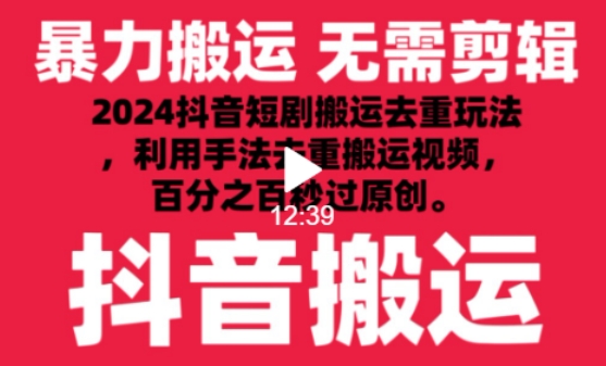 2024最新抖音搬运技术，抖音短剧视频去重，手法搬运，利用工具去重，达到秒过原创的效果【揭秘】-网赚36计