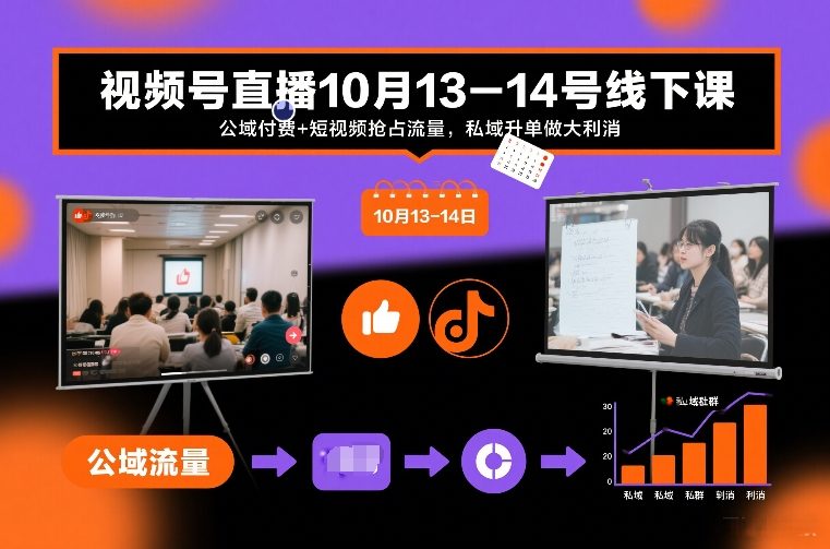 视频号直播10月13-14号线下课，公域付费+短视频抢占流量，私域升单做大利消-网赚36计