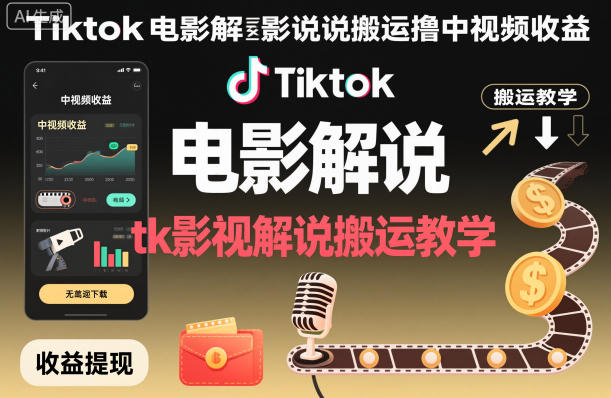 Tiktok电影解说搬运撸中视频收益，tk影视解说搬运教学-网赚36计