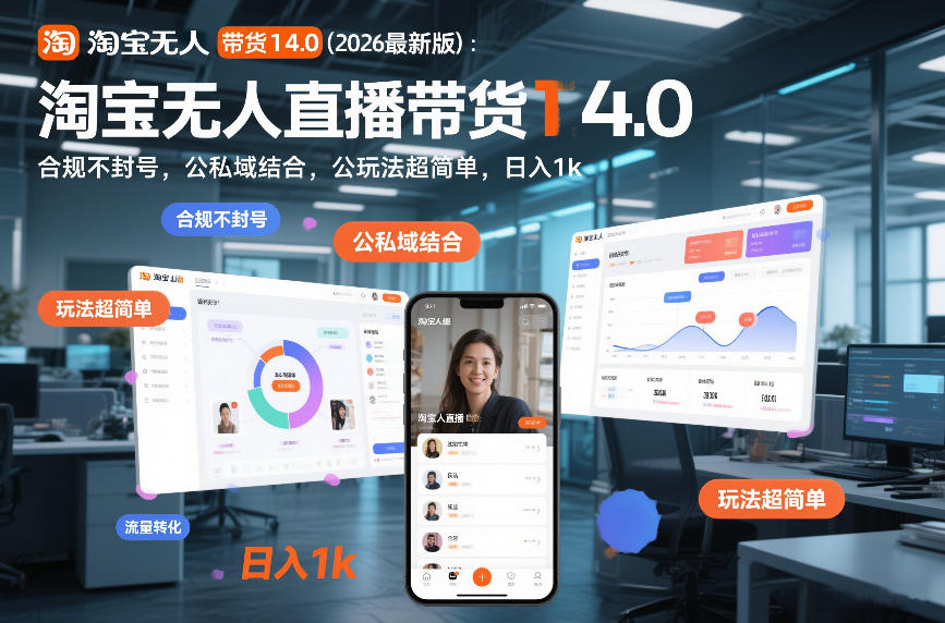 淘宝无人直播带货14.0（2026最新版）：合规不封号，公私域结合，玩法超简单，日入1k+【揭秘】-网赚36计