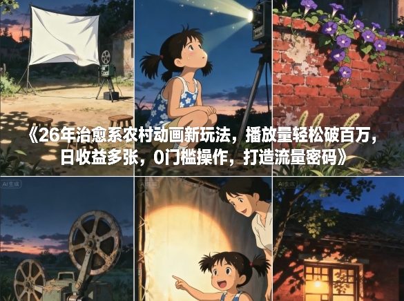 26年治愈系农村动画新玩法，播放量轻松破百万，日收益多张，0门槛操作，打造流量密码-网赚36计