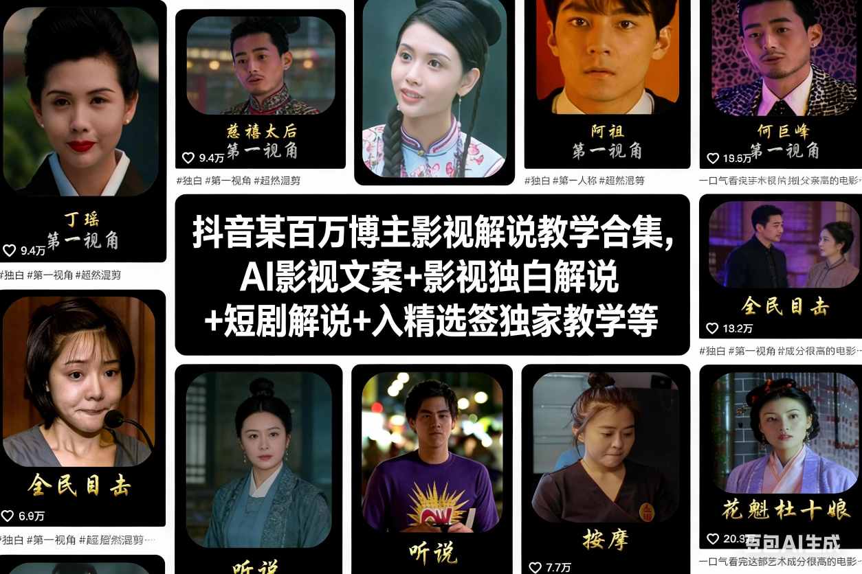 抖音某百万博主影视解说教学合集，AI影视文案+影视独白解说+短剧解说+入精选签独家教学等-网赚36计