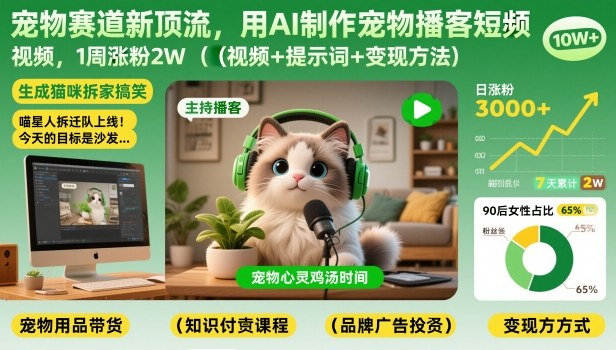 宠物赛道新顶流，用AI制作宠物播客短视频，1周涨粉2W（视频+提示词+变现方法）-网赚36计