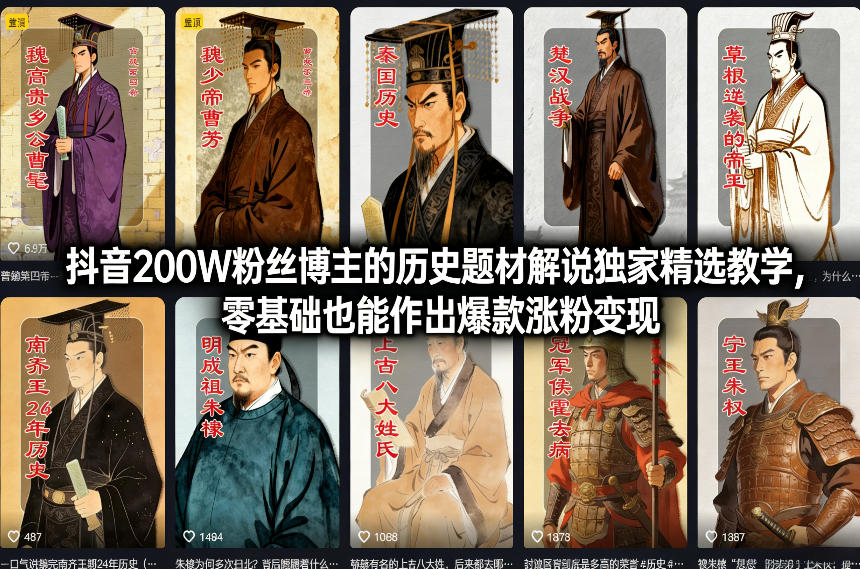 抖音200W粉丝博主的历史题材解说独家精选教学，零基础也能作出爆款涨粉变现-网赚36计