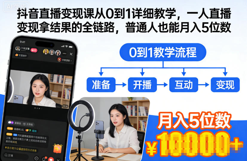 抖音直播变现课从0到1详细教学，一人直播变现拿结果的全链路，普通人也能月入5位数-网赚36计