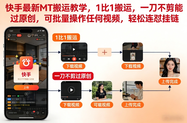 快手最新MT搬运教学，1比1搬运，一刀不剪能过原创，可批量操作任何视频，轻松连怼挂链-网赚36计