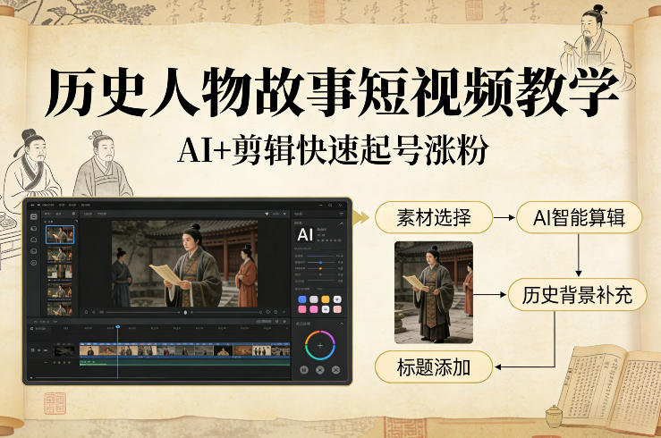 历史人物故事短视频教学,AI+剪辑制作历史人物题材短视频,快速起号涨粉-网赚36计