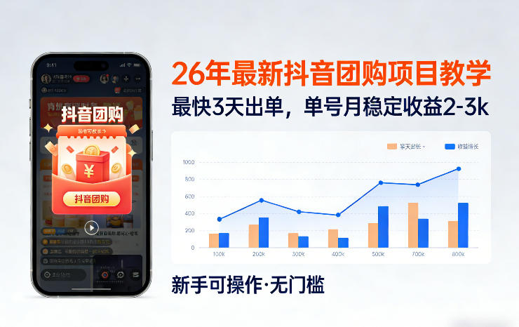 26年最新抖音团购项目教学，0门槛，最快3天出单，单号月稳定收益2-3k-网赚36计
