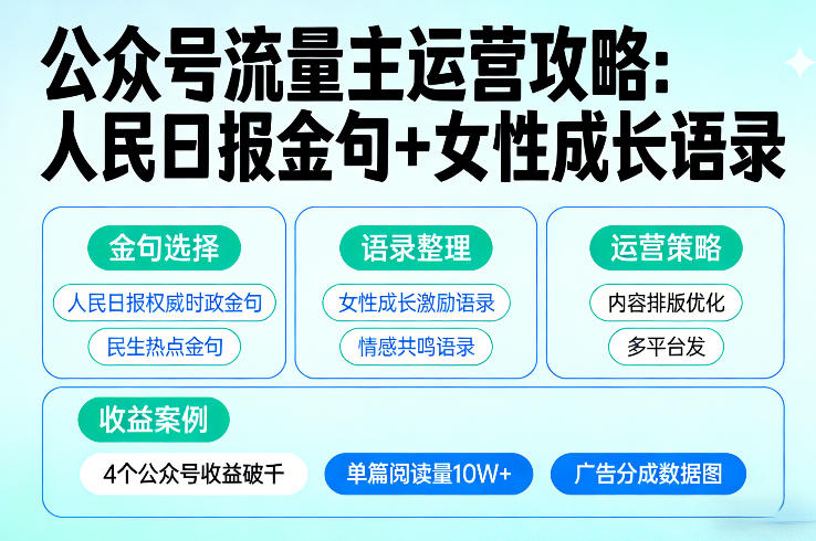利用人民日报金句+女性成长语录做公众号流量主，4个公众号收益破千-网赚36计