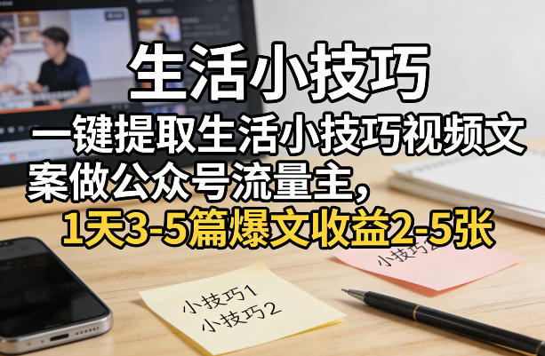 一键提取生活小技巧视频文案做公众号流量主，1天3-5篇爆文收益2-5张-网赚36计