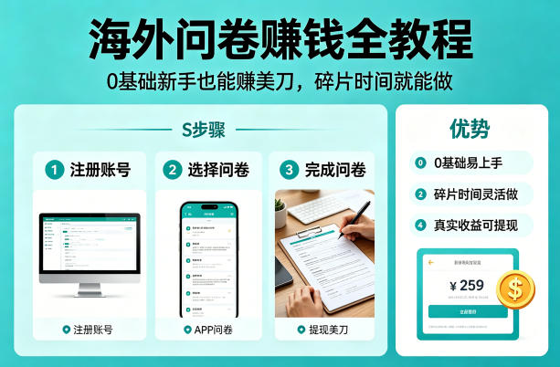 海外问卷賺钱全教程，0基础新手也能賺美刀，碎片时间就能做-网赚36计