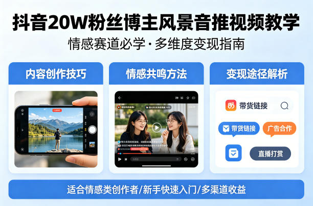 抖音20W粉丝博主风景音推视频教学，情感赛道必学，各种变现途径-网赚36计