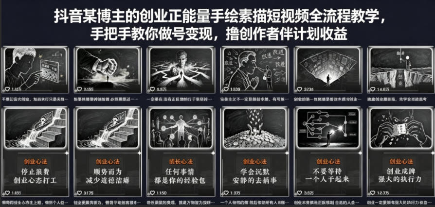 抖音某博主的创业正能量手绘素描短视频全流程教学,手把手教你做号变现,撸创作者伙伴计划收益-网赚36计