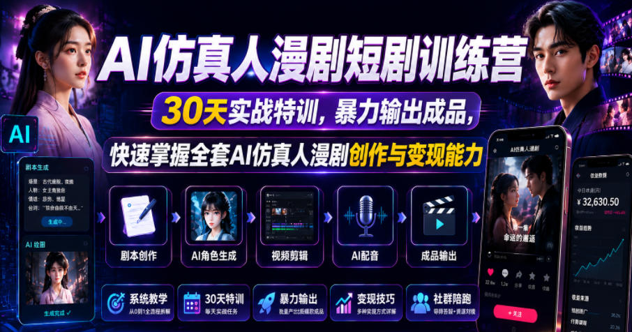AI仿真人漫剧短剧训练营,30天实战特训,暴力输出成品,快速掌握全套AI仿真人漫剧创作与变现能力-网赚36计