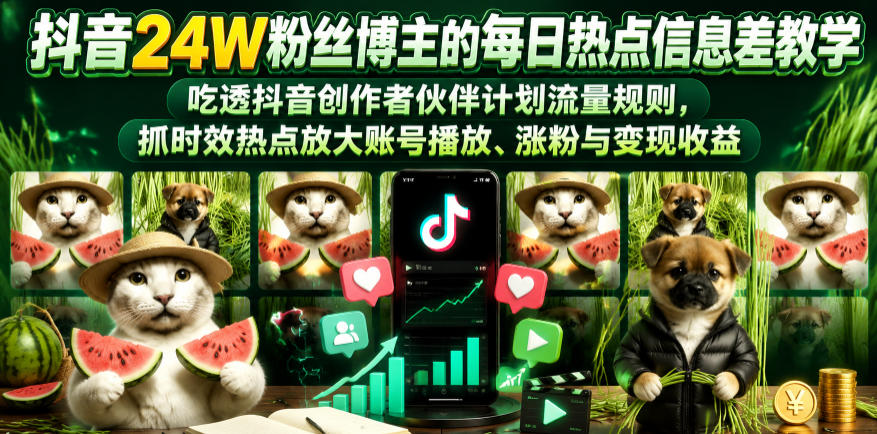 抖音24W粉丝博主的每日热点信息差教学,吃透创作者伙伴计划流量规则,抓时效热点放大账号播放、涨粉与变现收益-网赚36计