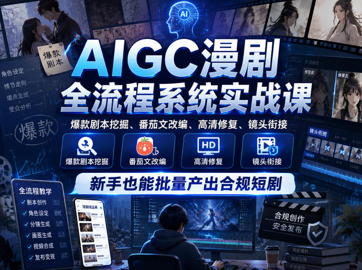 AIGC漫剧全流程系统实战课,爆款剧本挖掘、番茄文改编、高清修复、镜头衔接,新手也能批量产出合规短剧-网赚36计
