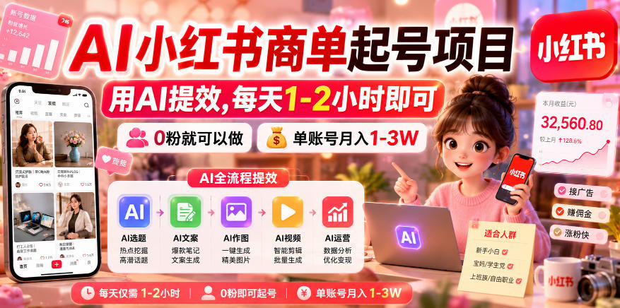 AI小红书商单起号项目,用AI提效,每天1-2小时即可,0粉就可以做,单账号月入1-3W-网赚36计