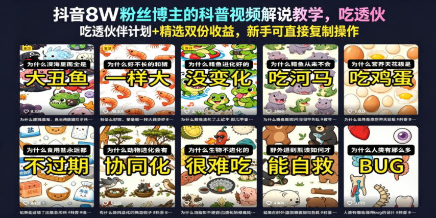 抖音8W粉丝博主的科普视频解说教学,吃透伙伴计划+精选双份收益,新手可直接复制操作-网赚36计