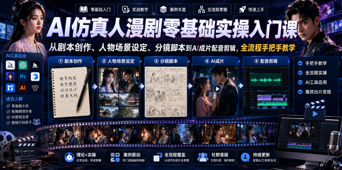 AI仿真人漫剧零基础实操入门课,从剧本创作、人物场景设定、分镜脚本到AI成片配音剪辑,全流程手把手教学-网赚36计