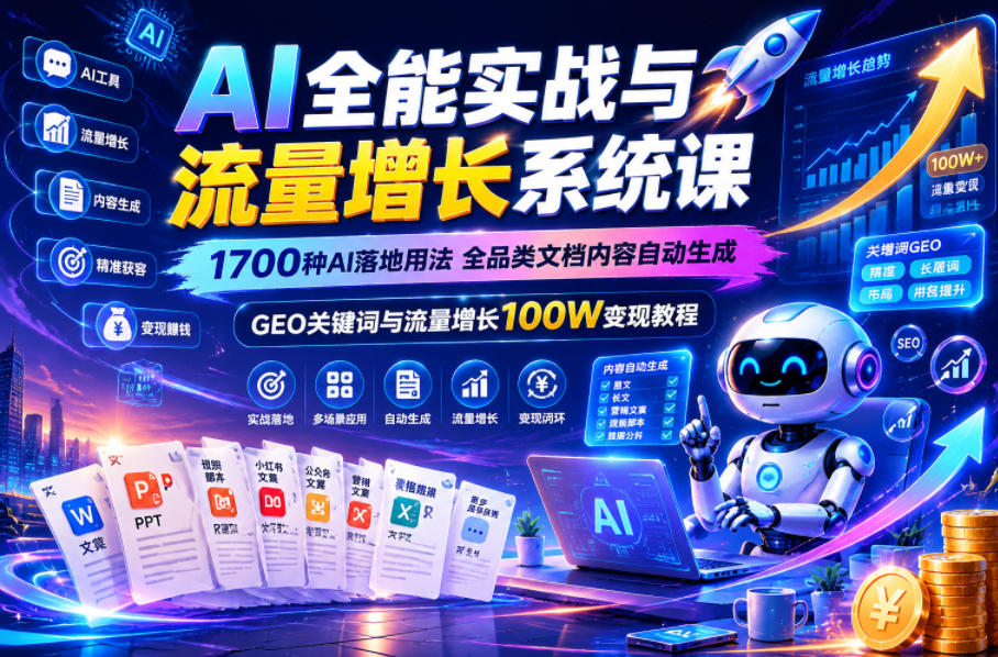 AI全能实战与流量增长系统课,1700种AI落地用法,全品类文档内容自动生成,GEO关键词与流量增长100W变现教程-网赚36计