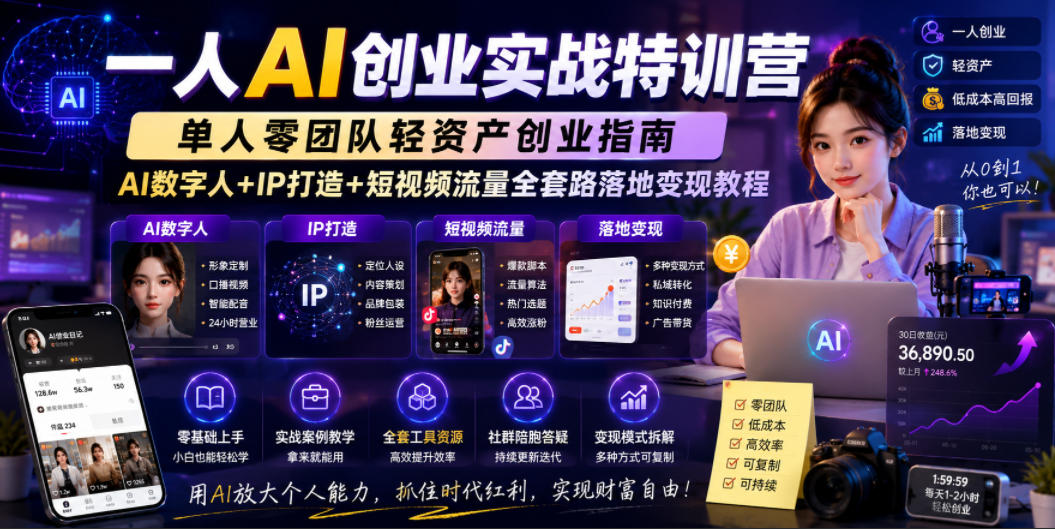 一人AI创业实战特训营,单人零团队轻资产创业指南,AI数字人+IP打造+短视频流量全套路落地变现教程-网赚36计