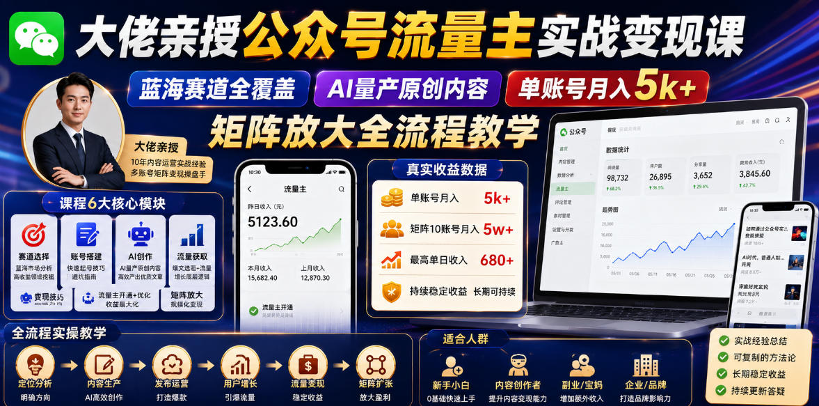 大佬亲授公众号流量主实战变现课,蓝海赛道全覆盖,AI量产原创内容,单账号月入5k+矩阵放大全流程教学-网赚36计