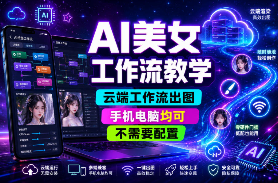 AI美女工作流教学,云端工作流出图,手机电脑均可,不需要配置,快速起号涨粉-网赚36计