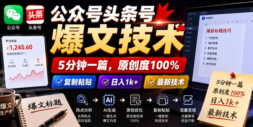 公众号头条号爆文技术,5分钟一篇,原创度100%,复制粘贴,日入1k+,最新技术【揭秘】-网赚36计