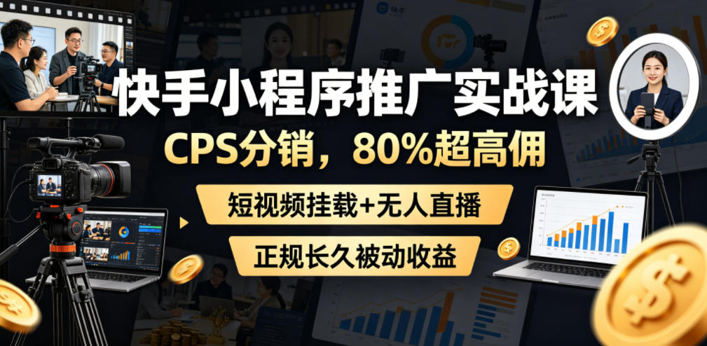 快手小程序推广实战课,CPS分销,80%超高佣,短视频挂载+无人直播,正规长久被动收益-网赚36计