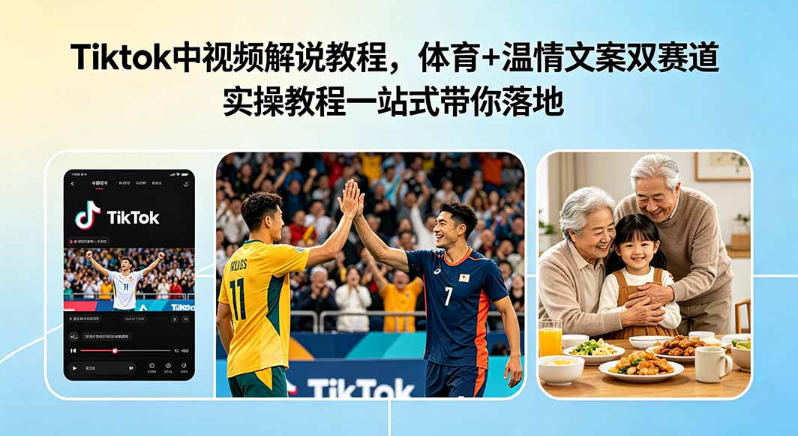 Tiktok中视频解说教程,体育+温情文案双赛道实操教程一站式带你落地,教你出海賺美刀-网赚36计