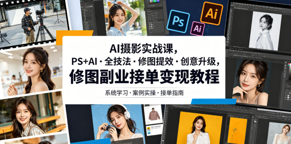 AI摄影实战课,PS+AI・全技法・修图提效・创意升级,修图副业接单变现教程-网赚36计