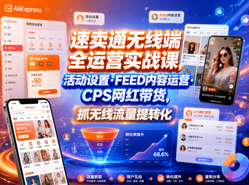 速卖通无线端全运营实战课,活动设置・FEED内容运营・CPS网红带货,抓无线流量提转化-网赚36计
