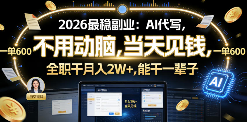2026最稳副业:AI代写,不用动脑,当天见钱,一单600,全职干月入2W+,能干一辈子【揭秘】-网赚36计