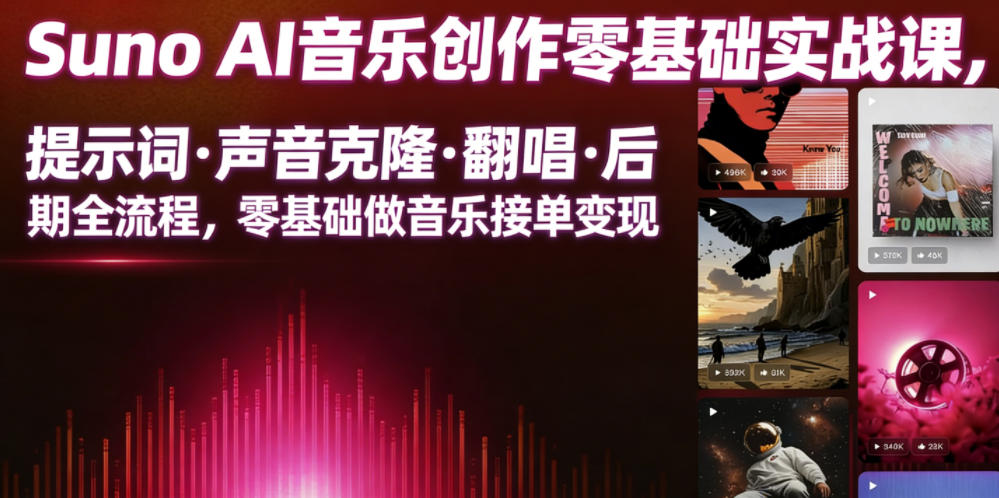 Suno AI音乐创作实战课,提示词・声音克隆・翻唱・后期全流程,零基础做音乐接单变现-网赚36计