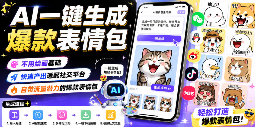 AI一键生成爆款表情包,不用绘画基础,快速产出适配社交平台,自带流量潜力的爆款表情包-网赚36计