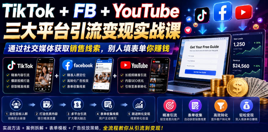 TikTok+FB+YouTube三大平台引流变现实战课，通过社交媒体获取销售线索，别人填表单你賺钱【原创双语字幕】-网赚36计
