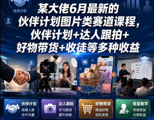 某大佬6月最新的伙伴计划图片类赛道课程，伙伴计划+达人跟拍+好物带货+收徒等多种收益-网赚36计