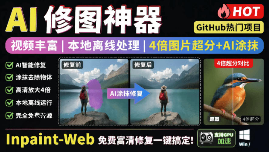 本地离线处理，4倍图片超分+AI涂抹去水印！Github上热门神器，免费高清修复图一键搞定！Inpaint-Web-网赚36计