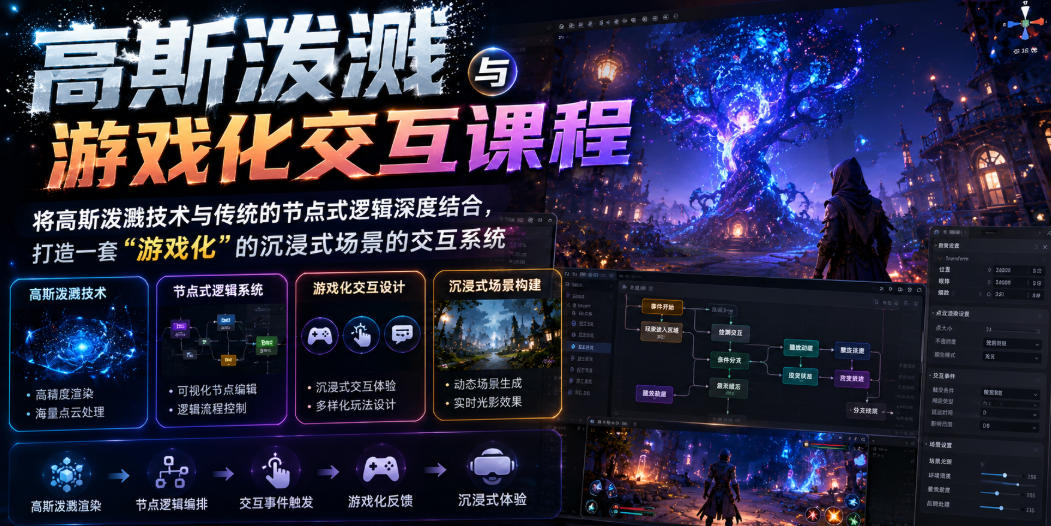 高斯泼溅与游戏化交互课程，将高斯泼溅技术与传统的节点式逻辑深度结合，打造一套“游戏化”的沉浸式场景的交互系统-网赚36计