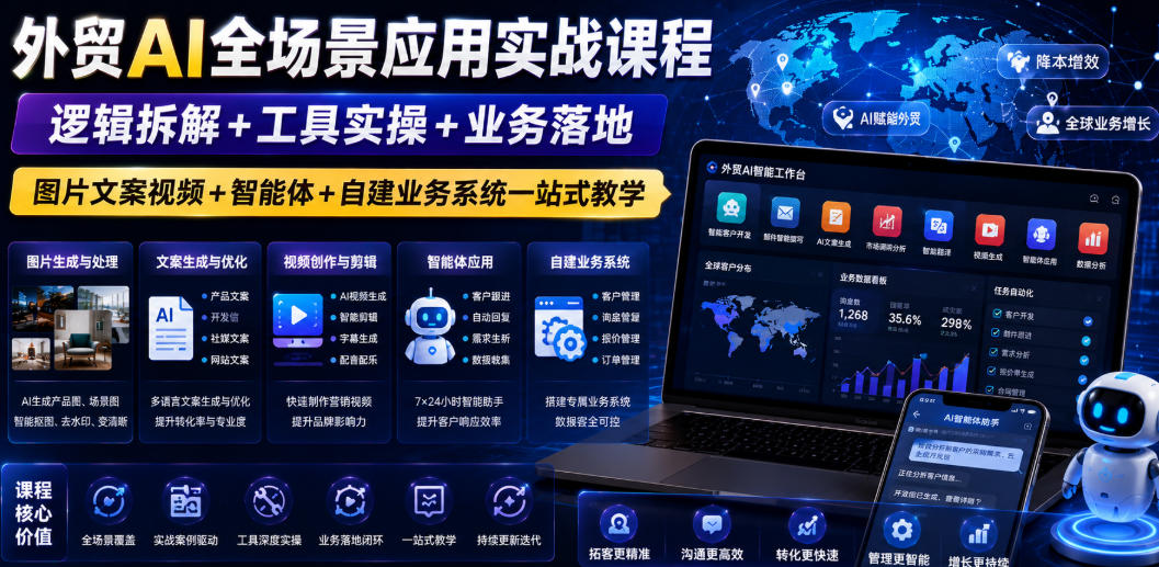 外贸AI全场景应用实战课程｜逻辑拆解+工具实操+业务落地，图片文案视频+智能体+自建业务系统一站式教学-网赚36计