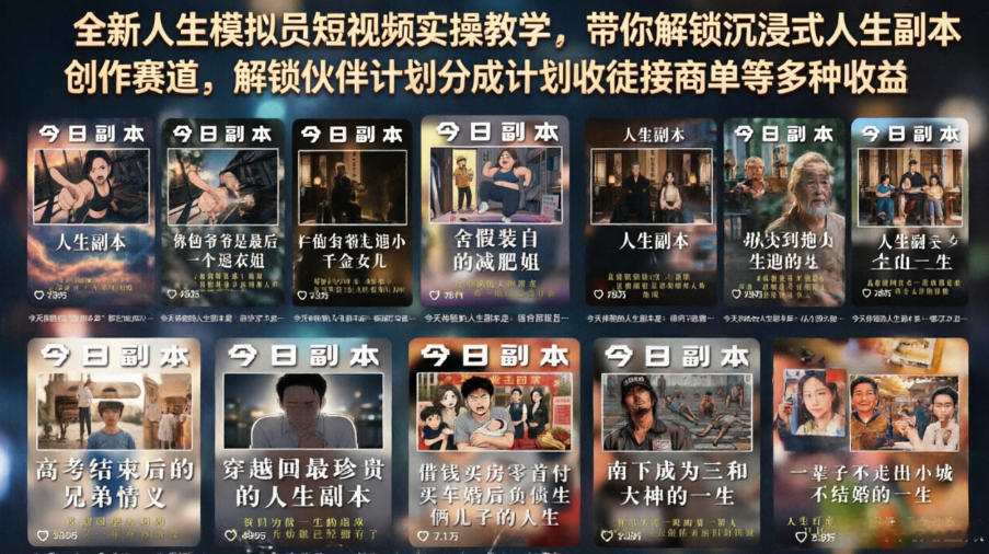 全新人生模拟员短视频实操教学，带你解锁沉浸式人生副本创作赛道，解锁伙伴计划分成计划收徒接商单等多种收益-网赚36计