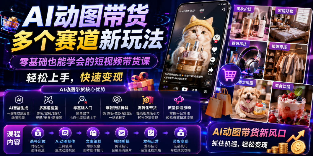 AI动图带货多个赛道新玩法,零基础也能学会的短视频带货课,轻松上手,快速变现-网赚36计