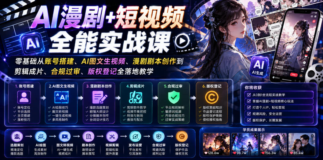 AI漫剧+短视频全能实战课|零基础从账号搭建、AI图文生视频、漫剧剧本创作到剪辑成片、合规过审、版权登记全落地教学-网赚36计