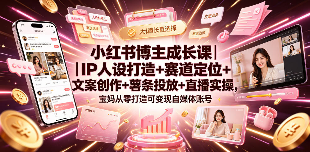 小红书博主成长课|IP人设打造+赛道定位+文案创作+薯条投放+直播实操,宝妈从零打造可变现自媒体账号-网赚36计