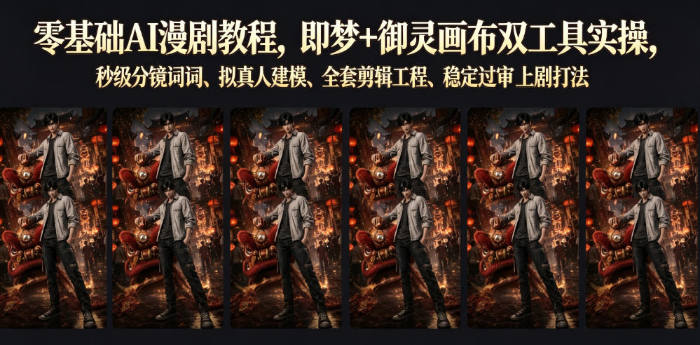 零基础AI漫剧教程,即梦+御灵画布双工具实操,秒级分镜提示词、拟真人建模、全套剪辑工程、稳定过审上剧打法-网赚36计