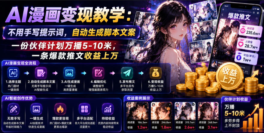 AI漫画变现教学:不用手写提示词,自动生成脚本文案,一份伙伴计划万播5-10米,一条爆款推文收益上W-网赚36计