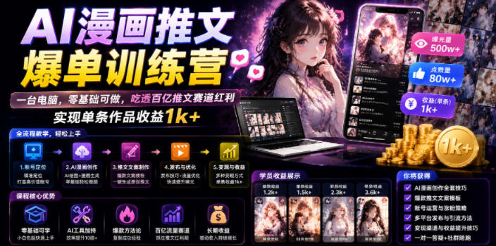AI漫画推文爆单训练营,一台电脑,零基础可做,吃透百亿推文赛道红利,实现单条作品收益1k+-网赚36计