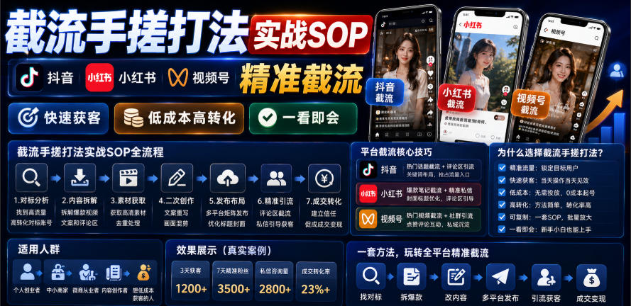 截流手搓打法实战SOP，抖音小红书视频号精准截流，快速获客，低成本高转化，一看即会-网赚36计