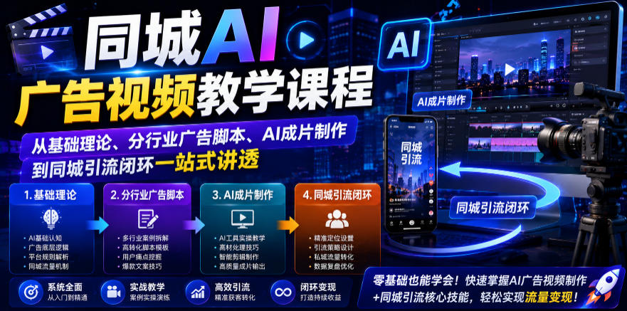 同城AI广告视频教学课程,从基础理论、分行业广告脚本、AI成片制作到同城引流闭环一站式讲透-网赚36计
